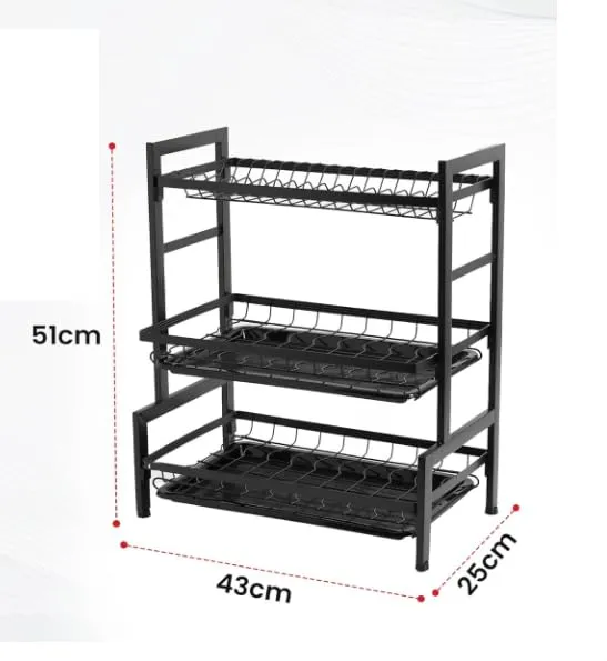 UMAI Free Mounting Dish Rack 3-Layer | Kitchen Utensil Organizer with Drain Pan | Multi-Purpose Storage | Strong and Durable Stainless Steel Construction | Space Saving Design (Black)