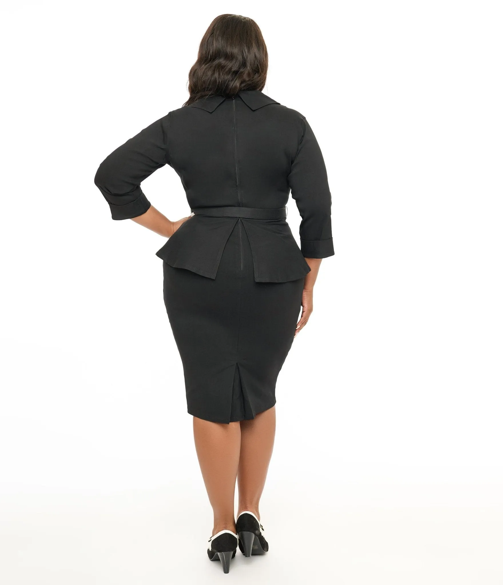 Unique Vintage Plus Size 1940s Black Peplum Cooper Suit Pencil Dress