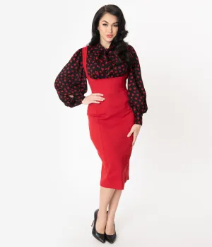 Unique Vintage Red Fontaine Suspender Pencil Skirt