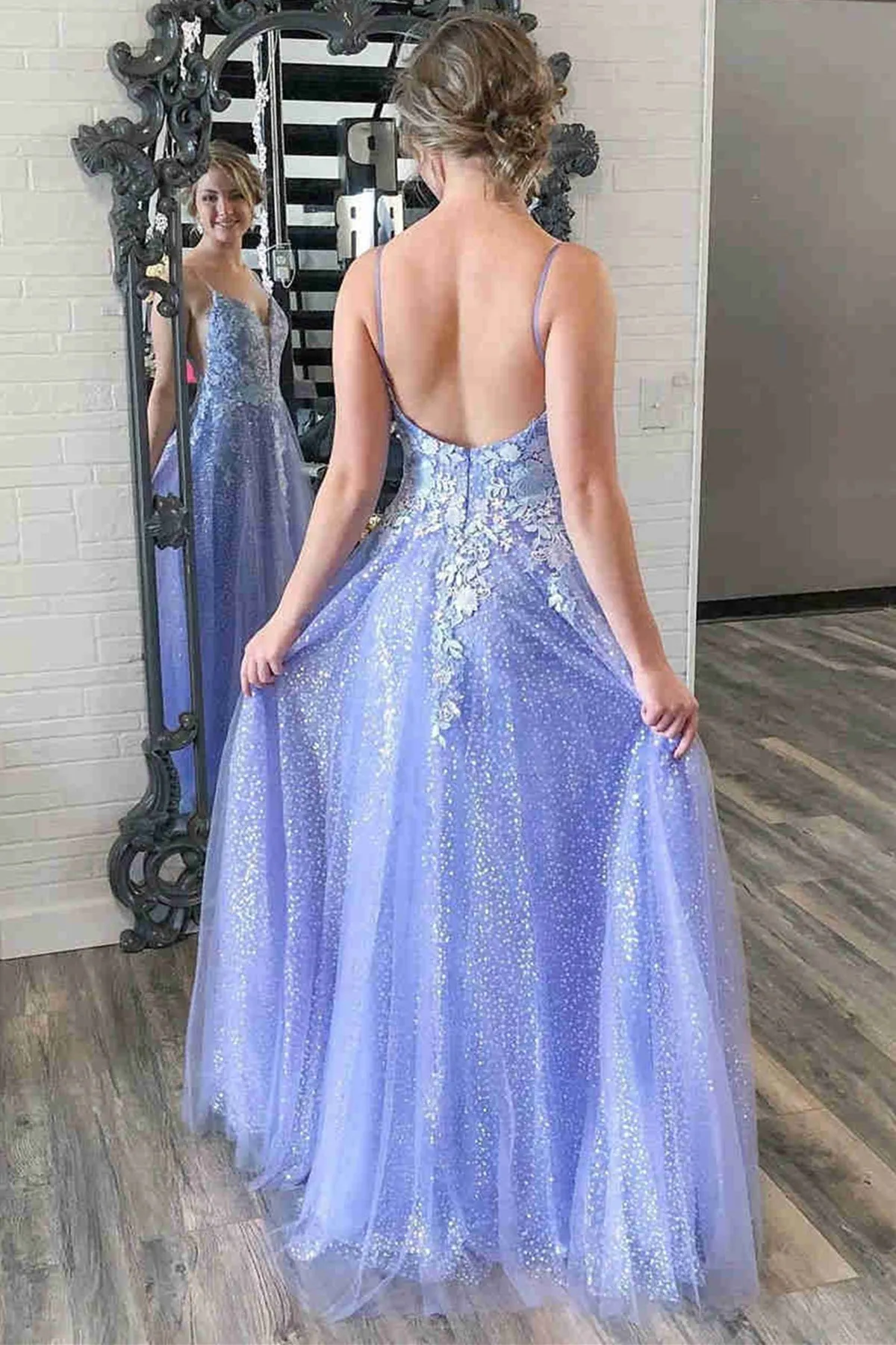 V Neck Backless Purple Lace Long Prom Dresses with 3D Flowers, Shiny Purple Lace Floral Formal Graduation Evening Dresses