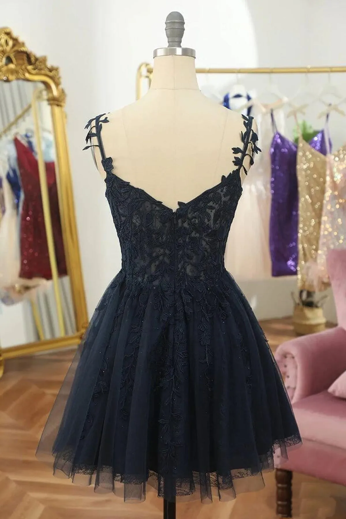 V Neck Beaded Navy Blue Lace Prom Dress, Navy Blue Lace Homecoming Dress, Short Navy Blue Formal Graduation Evening Dress A1896