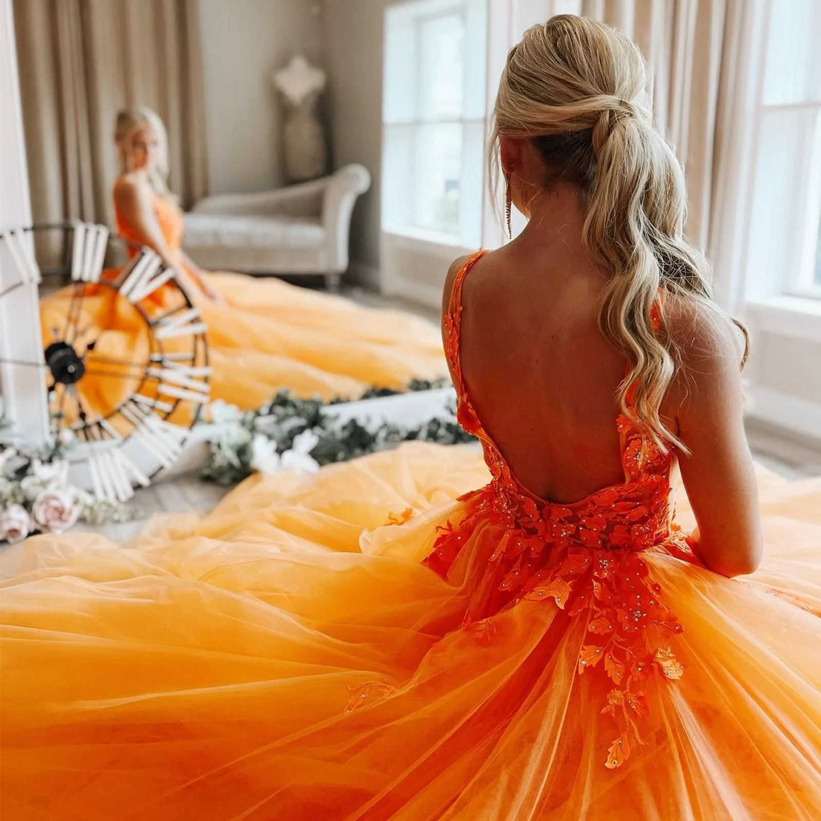 V Neck Open Back Orange Tulle Lace Long Prom Dress, Orange Lace Formal Graduation Evening Dress A1498