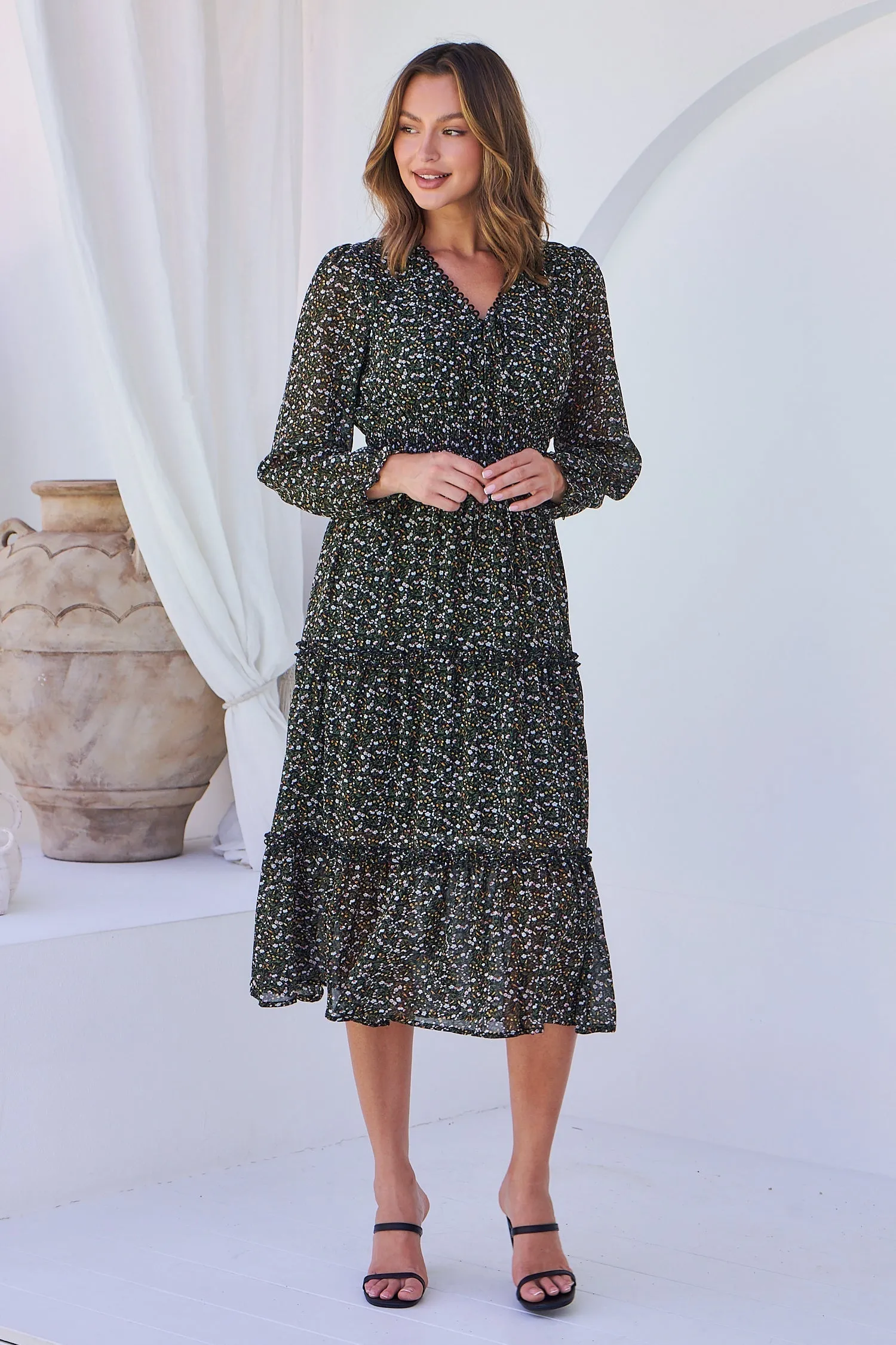 Valerie Black/Green Floral Print Long Sleeve Chiffon Dress