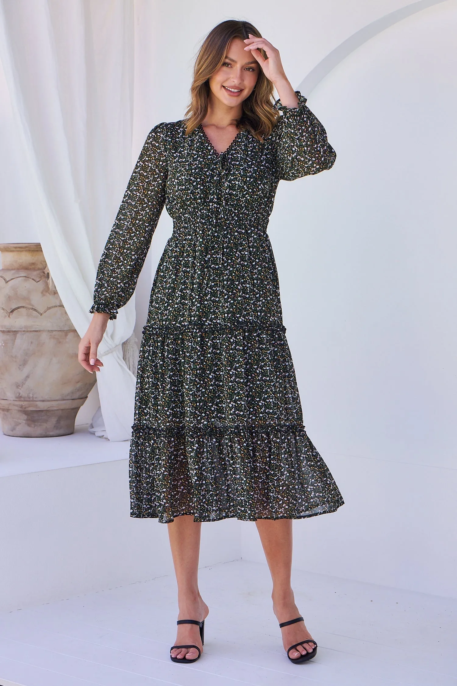 Valerie Black/Green Floral Print Long Sleeve Chiffon Dress