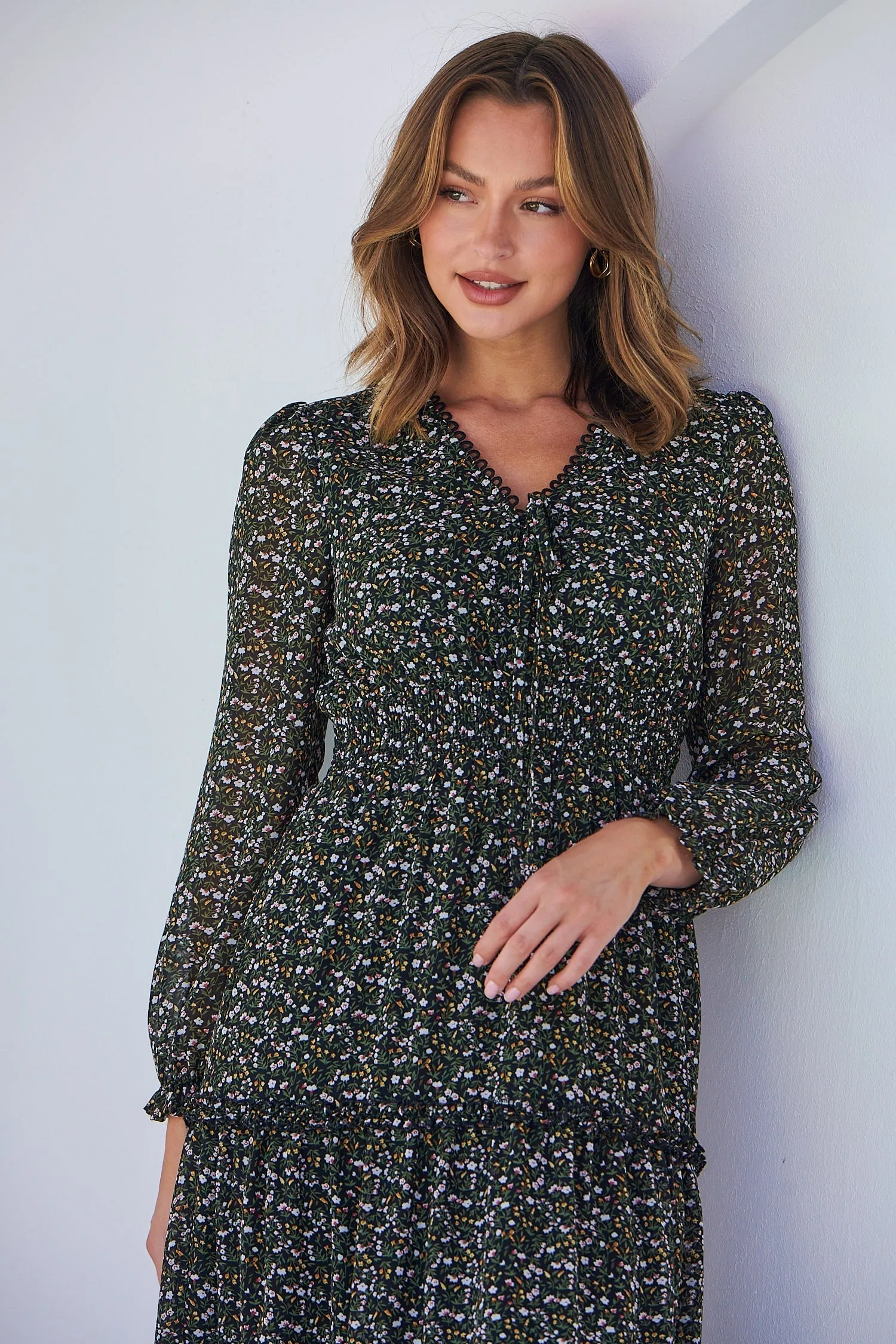 Valerie Black/Green Floral Print Long Sleeve Chiffon Dress