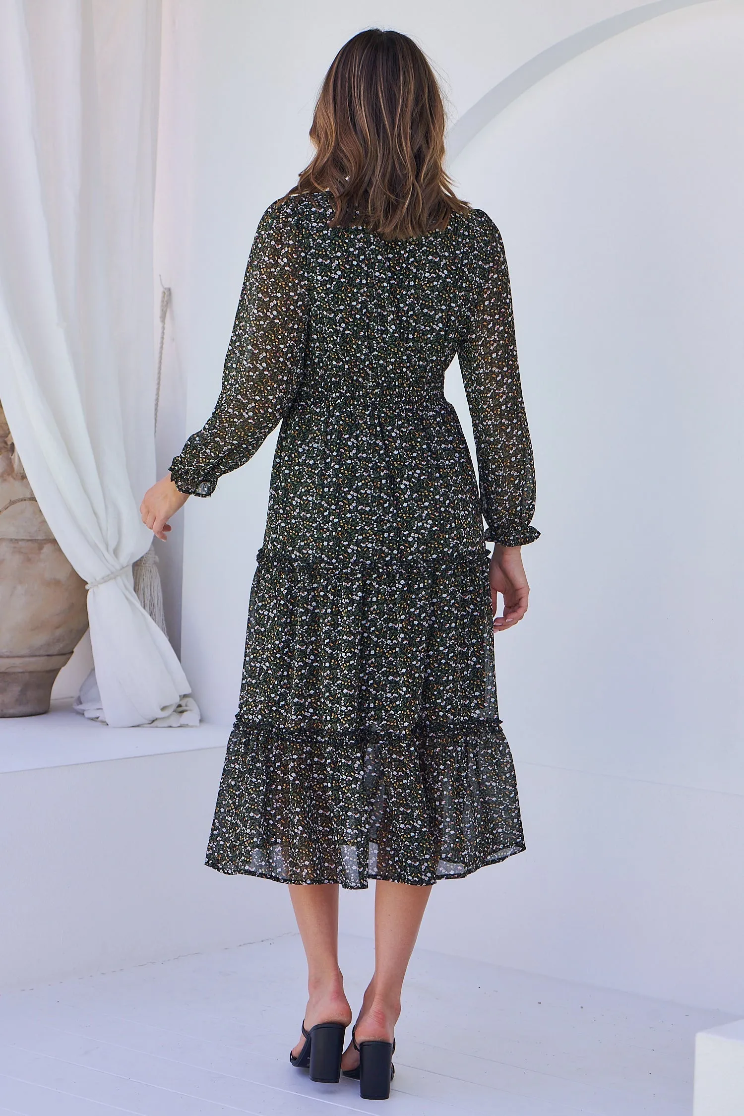 Valerie Black/Green Floral Print Long Sleeve Chiffon Dress