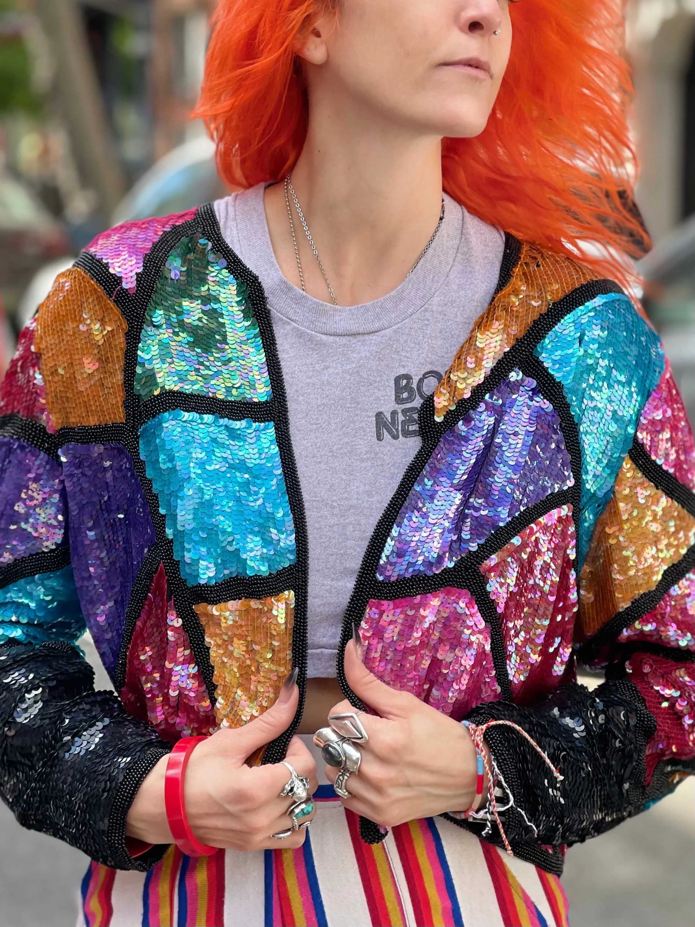 Vintage 80s Rainbow Sequin Bolero Jacket