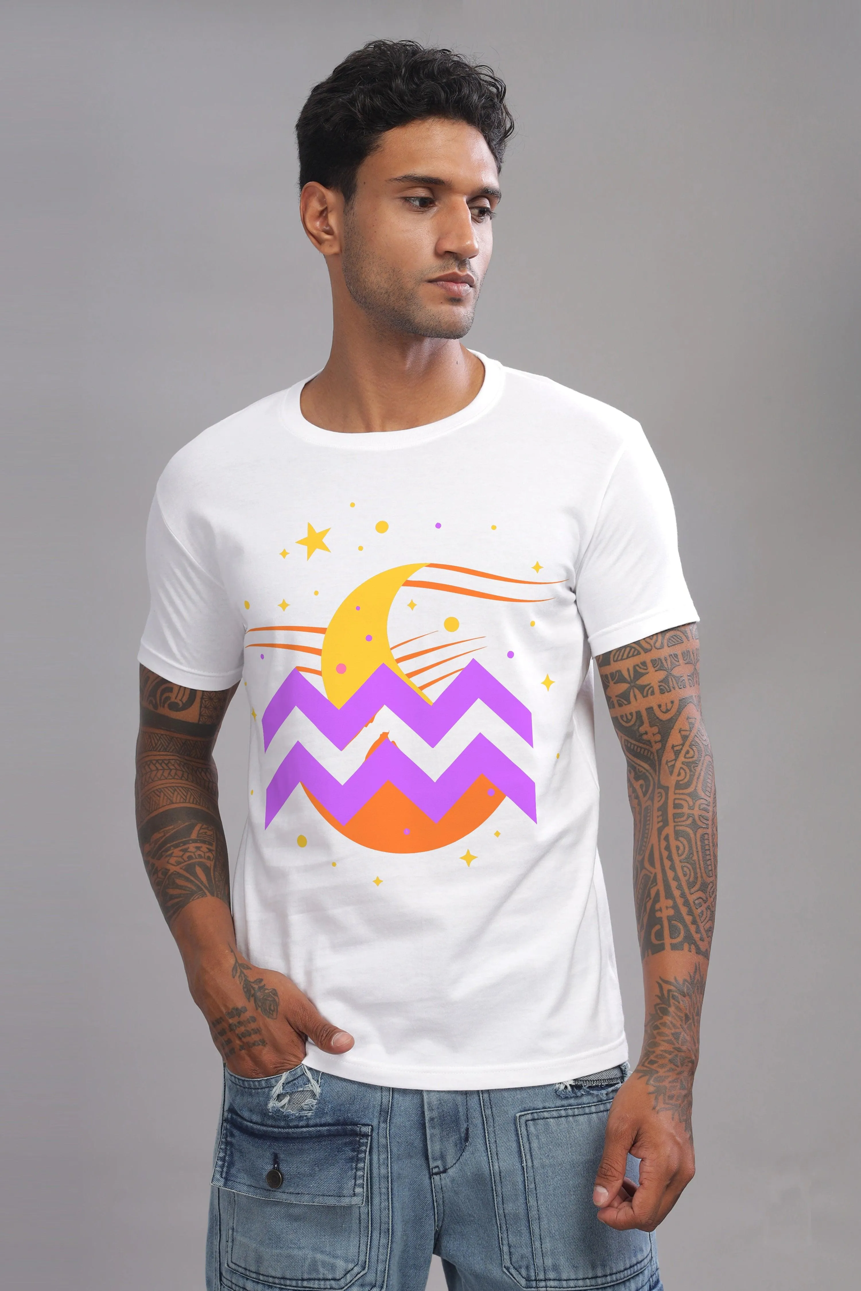 Waves of Aquarius White Half Sleeve Printed Round Neck T-Shirt