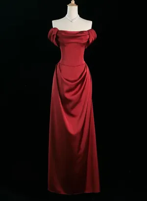 Wine Red Satin Simple Long Party Dress, A-line Wine Red Prom Dress