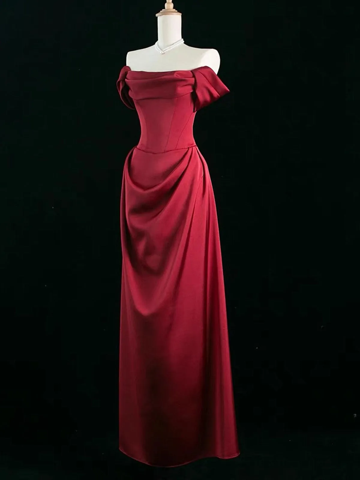 Wine Red Satin Simple Long Party Dress, A-line Wine Red Prom Dress