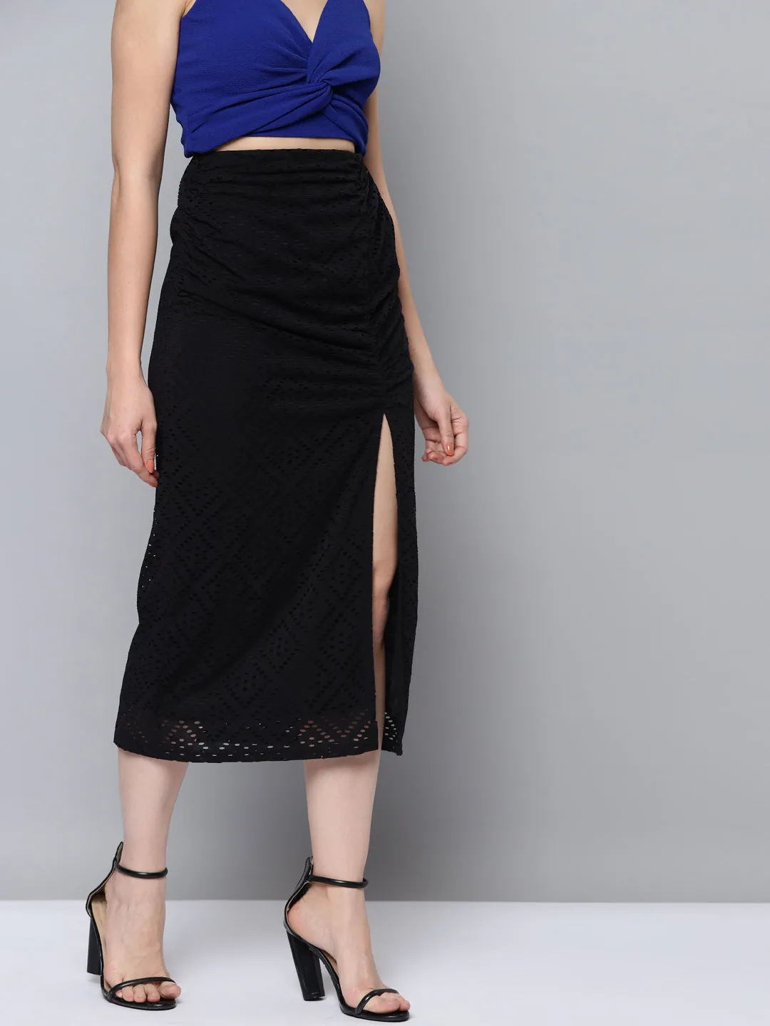 Women Black Schiffli Side Ruched Skirt