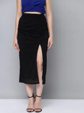 Women Black Schiffli Side Ruched Skirt