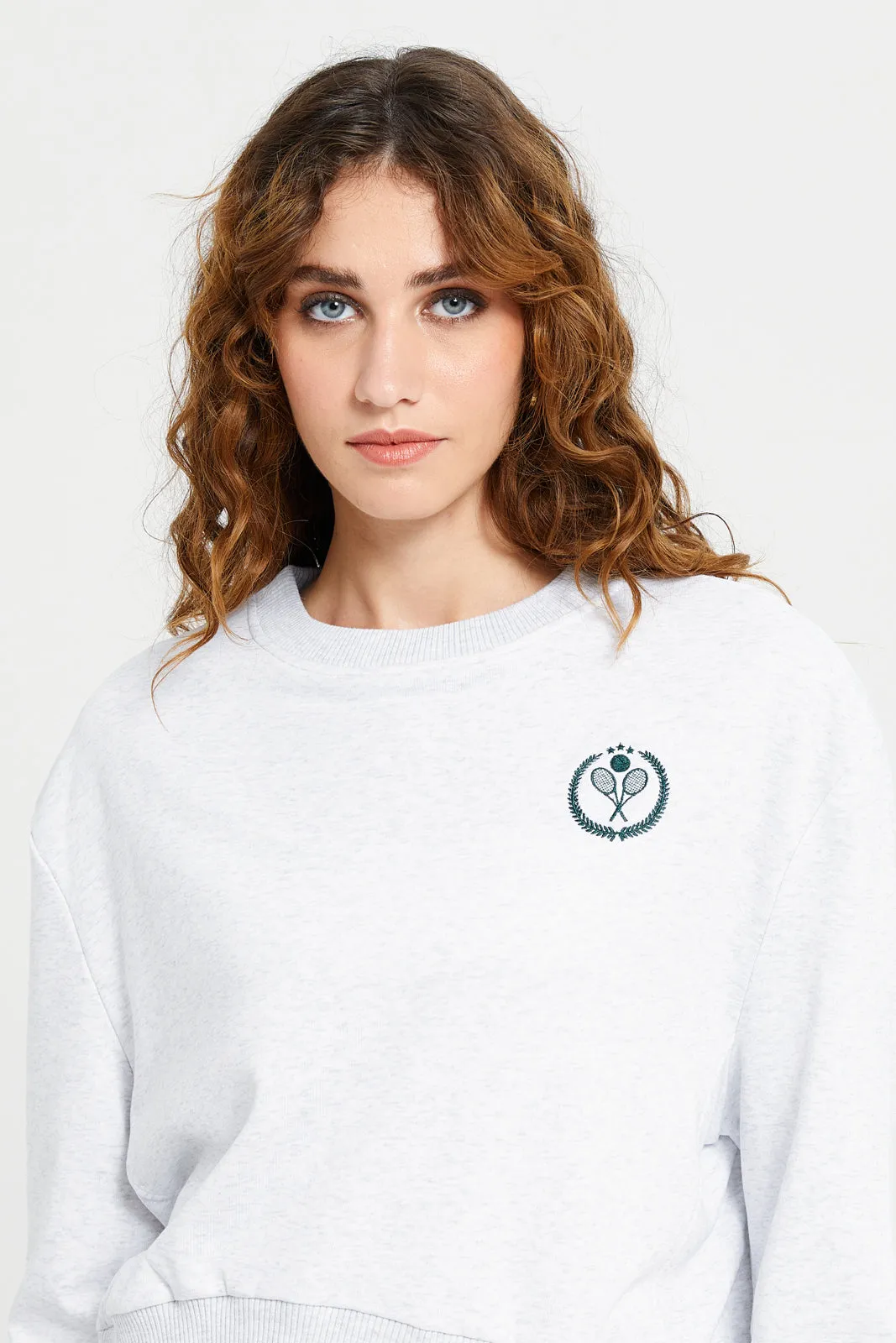 Women Grey Melange Oversized Embroidered Sweatshirt