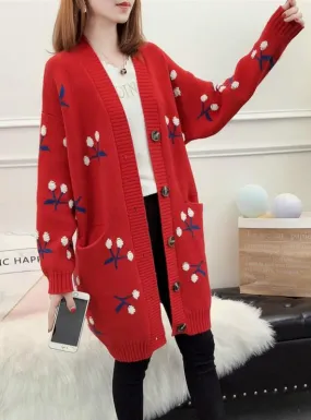 Women Knitted Cardigan Long Cherry Long Sleeve Sweater