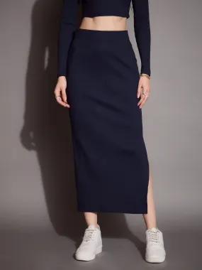 Women Navy Rib Pencil Skirt