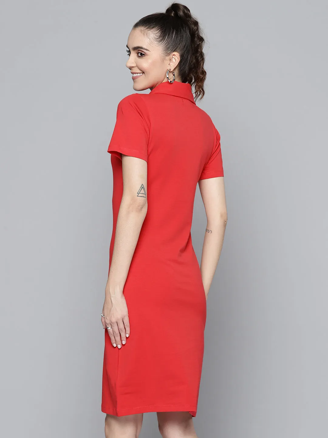 Women Red Polo Neck Bodycon Dress