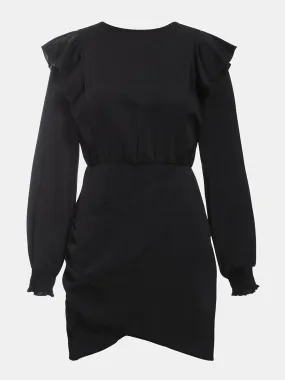 Women's Bishop Sleeve Shirred Ruffle A Line Dress