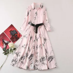 Women's Elegant Long-sleeved Large Swing Shirt Dress with Belt