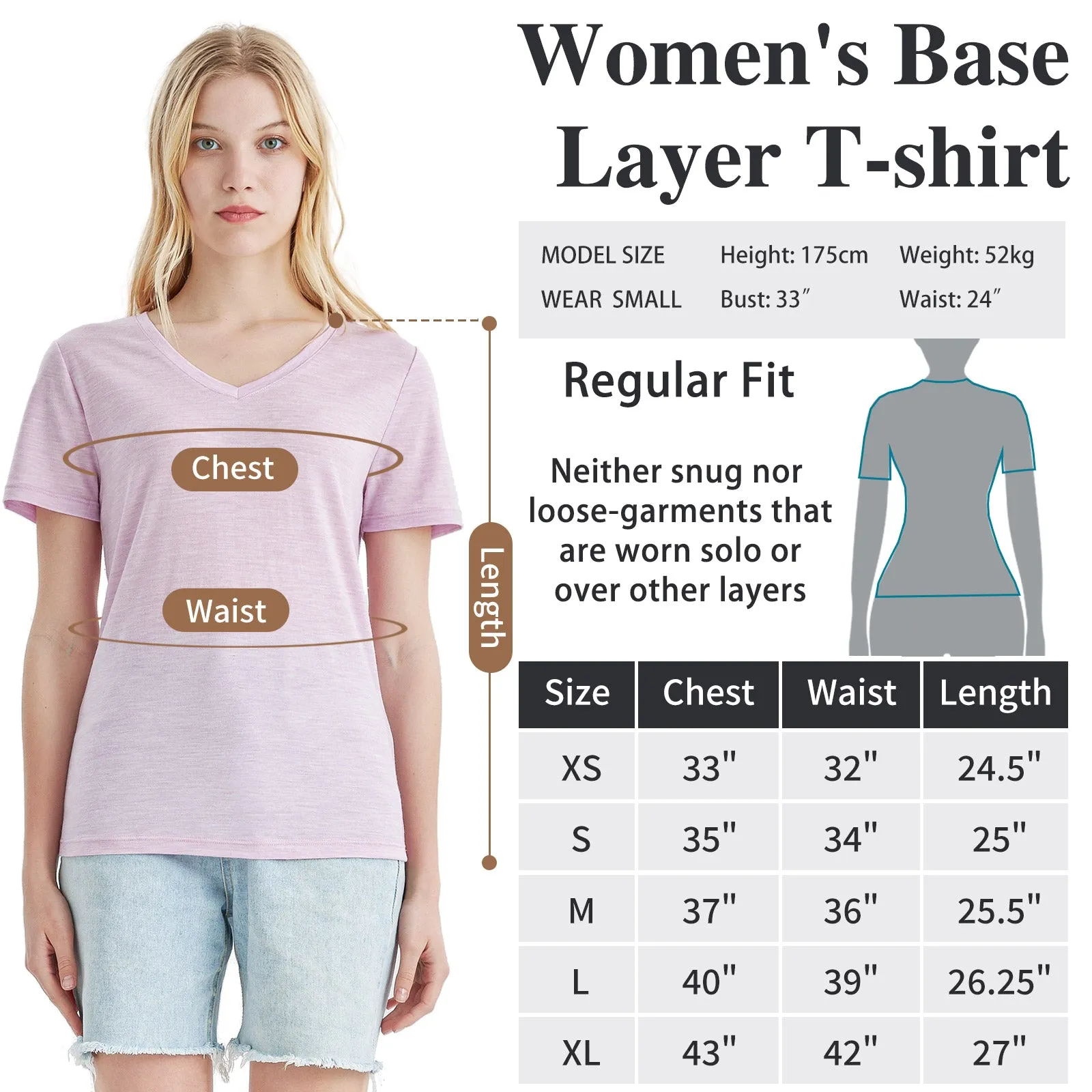 Women’s Merino 170g V-Neck  Short Sleeve T-Shirt Pink Heather