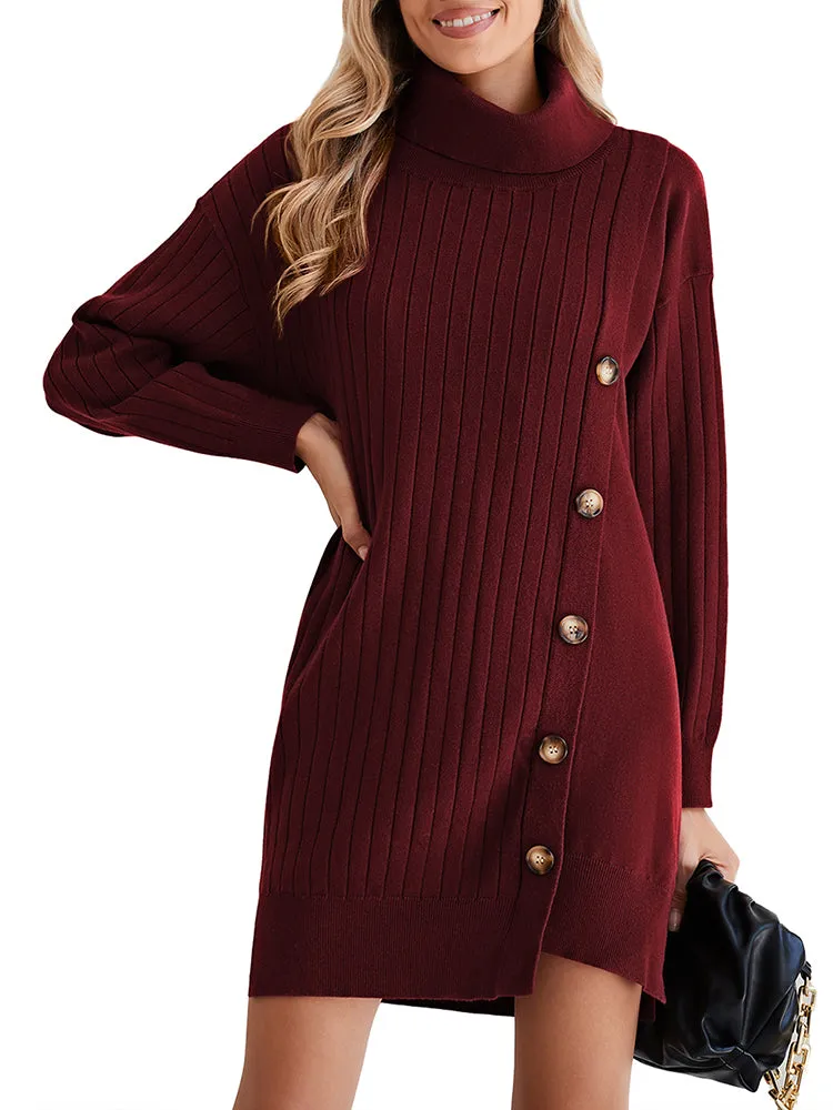 Women's Turtleneck Button Down Sweater Dress Long Sleeve Ribbed Knit Mini Dress Outfits