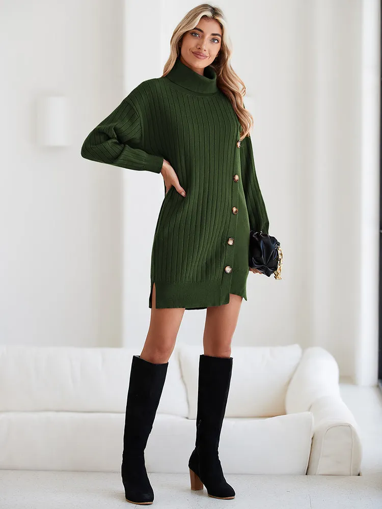 Women's Turtleneck Button Down Sweater Dress Long Sleeve Ribbed Knit Mini Dress Outfits