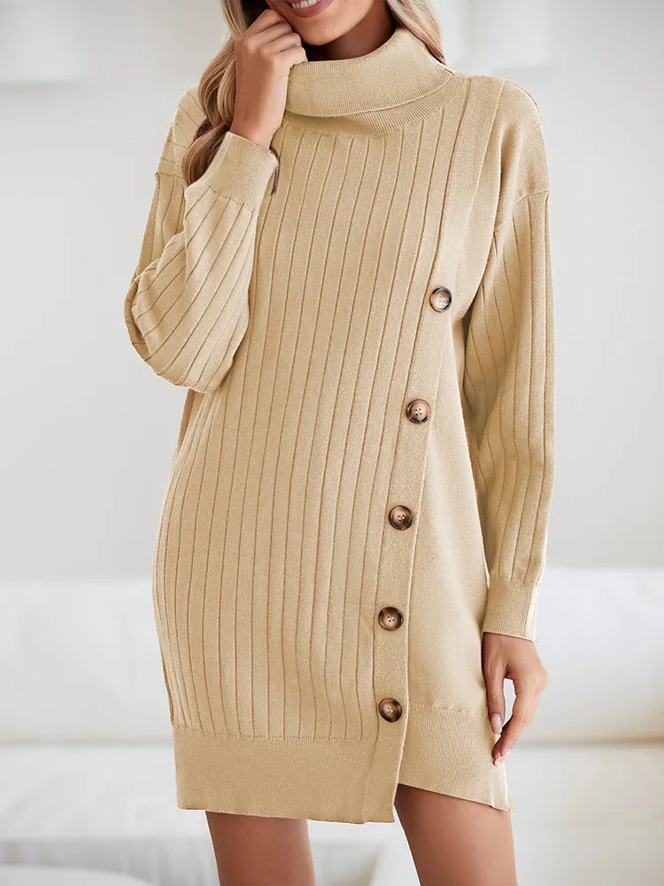 Women's Turtleneck Button Down Sweater Dress Long Sleeve Ribbed Knit Mini Dress Outfits