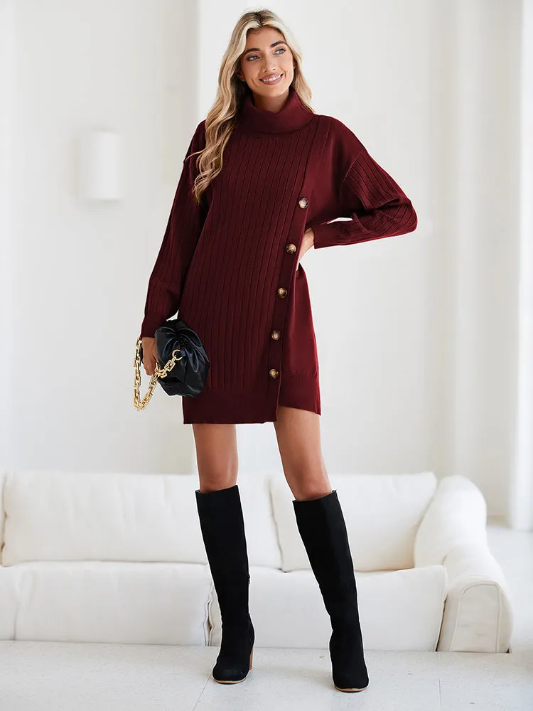 Women's Turtleneck Button Down Sweater Dress Long Sleeve Ribbed Knit Mini Dress Outfits