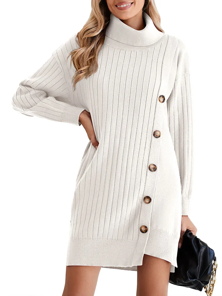 Women's Turtleneck Button Down Sweater Dress Long Sleeve Ribbed Knit Mini Dress Outfits