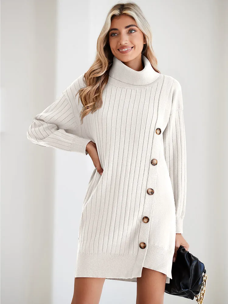 Women's Turtleneck Button Down Sweater Dress Long Sleeve Ribbed Knit Mini Dress Outfits