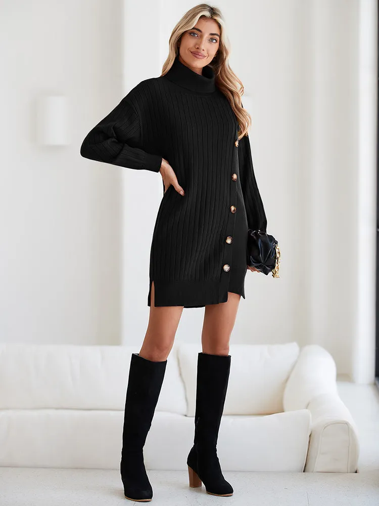 Women's Turtleneck Button Down Sweater Dress Long Sleeve Ribbed Knit Mini Dress Outfits