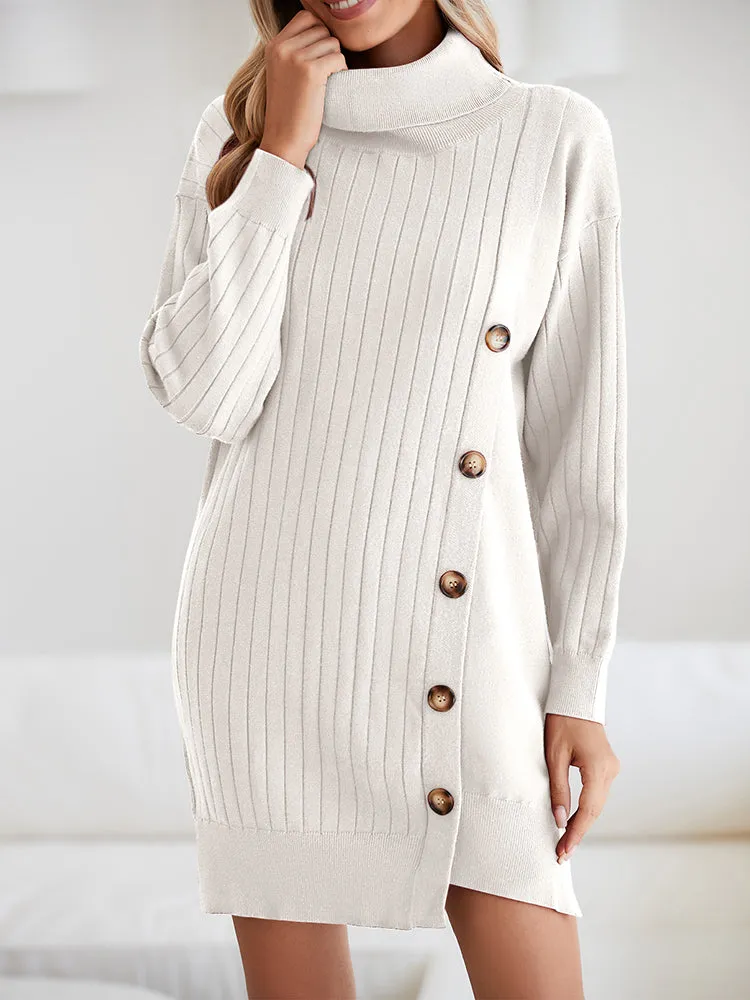 Women's Turtleneck Button Down Sweater Dress Long Sleeve Ribbed Knit Mini Dress Outfits