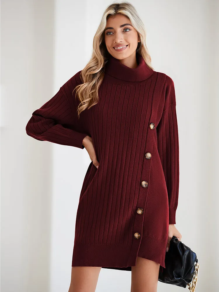 Women's Turtleneck Button Down Sweater Dress Long Sleeve Ribbed Knit Mini Dress Outfits