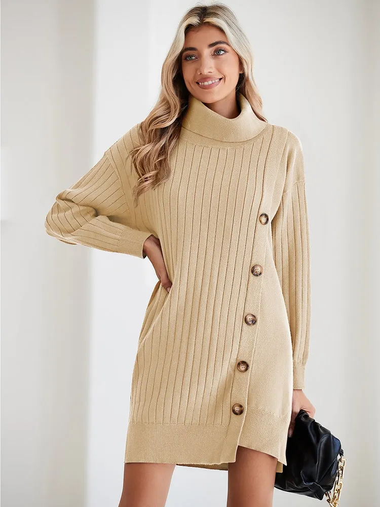 Women's Turtleneck Button Down Sweater Dress Long Sleeve Ribbed Knit Mini Dress Outfits