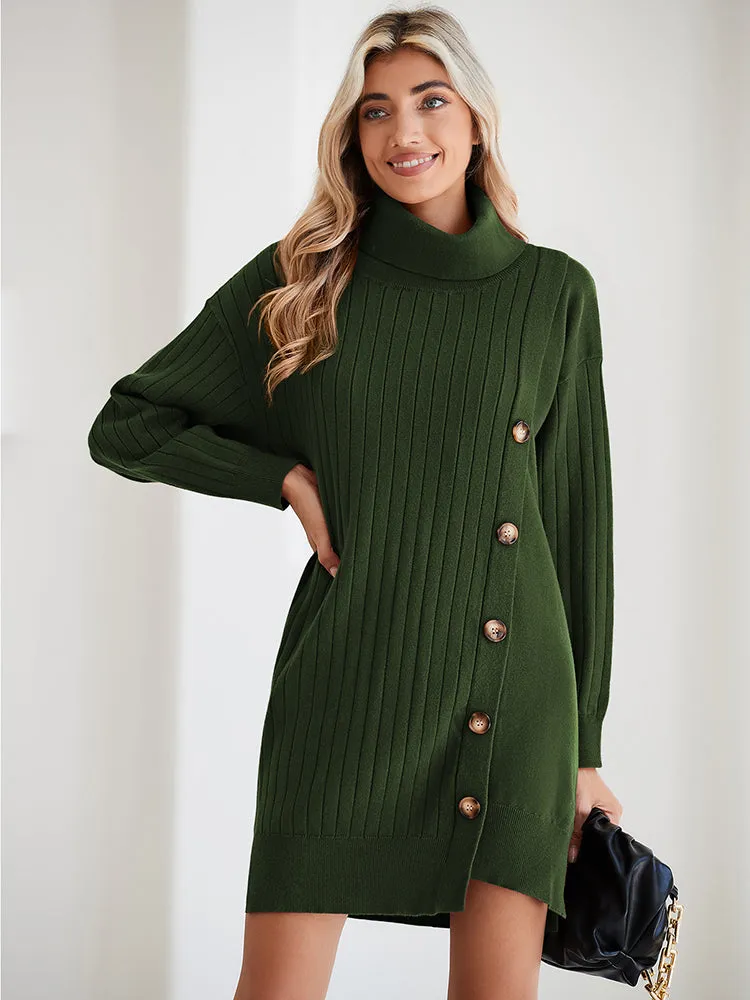 Women's Turtleneck Button Down Sweater Dress Long Sleeve Ribbed Knit Mini Dress Outfits