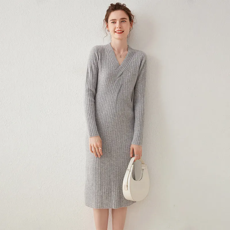 Women's V-neck Twisted Pullover  Mid-length Knitted  Sweater Dress