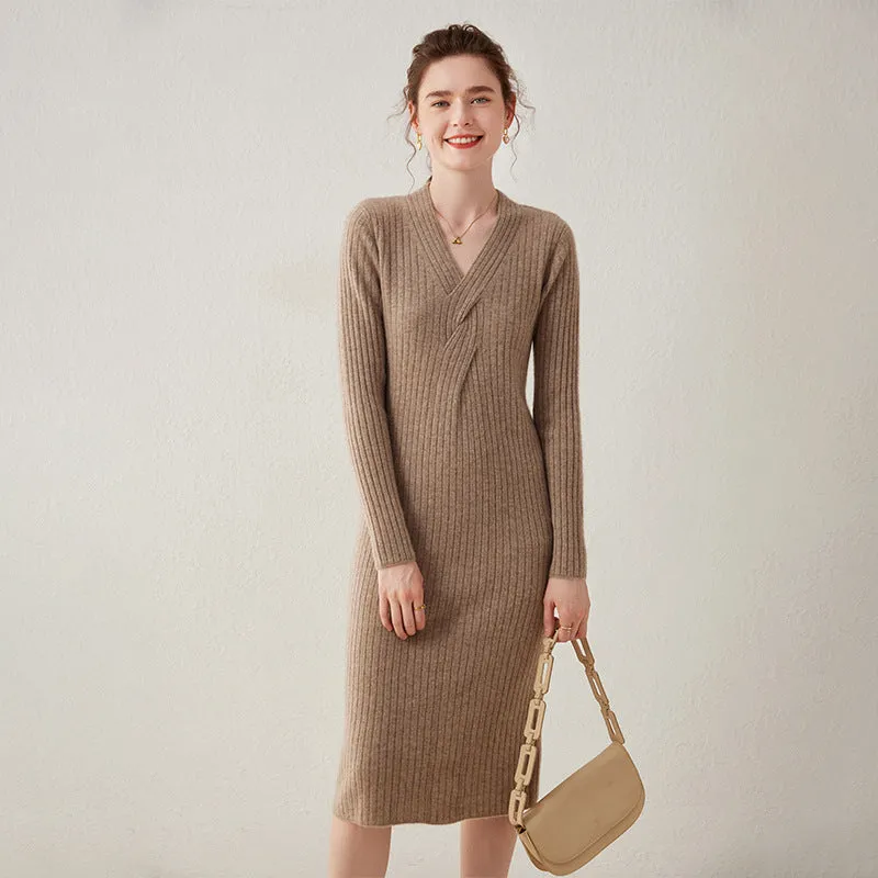 Women's V-neck Twisted Pullover  Mid-length Knitted  Sweater Dress