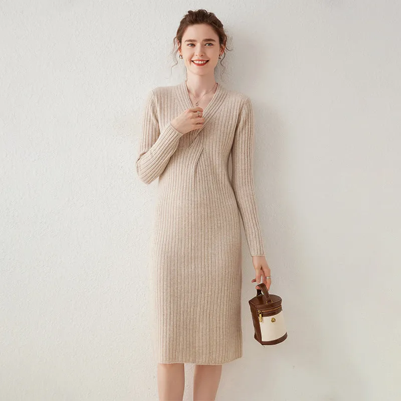 Women's V-neck Twisted Pullover  Mid-length Knitted  Sweater Dress