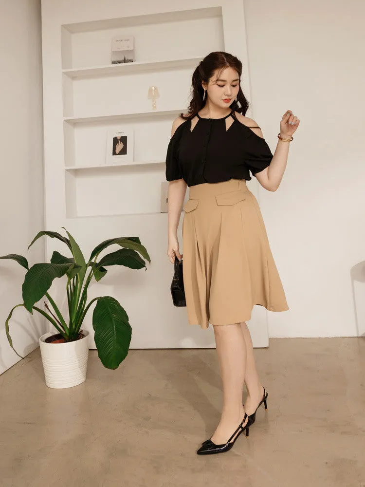 Work Pocket Elastic Waist A-Line Short Midi Skirt