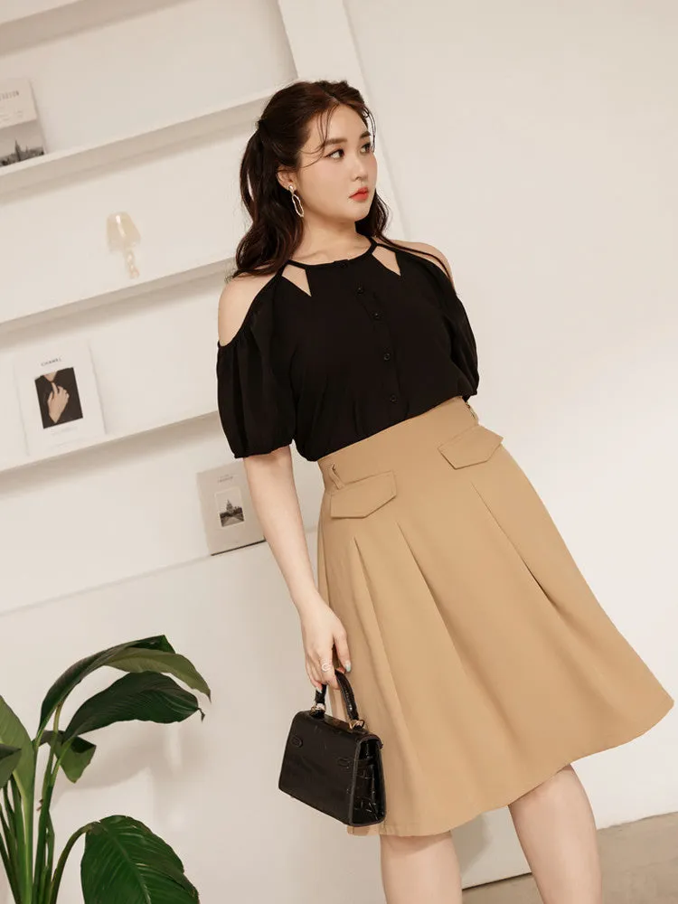 Work Pocket Elastic Waist A-Line Short Midi Skirt