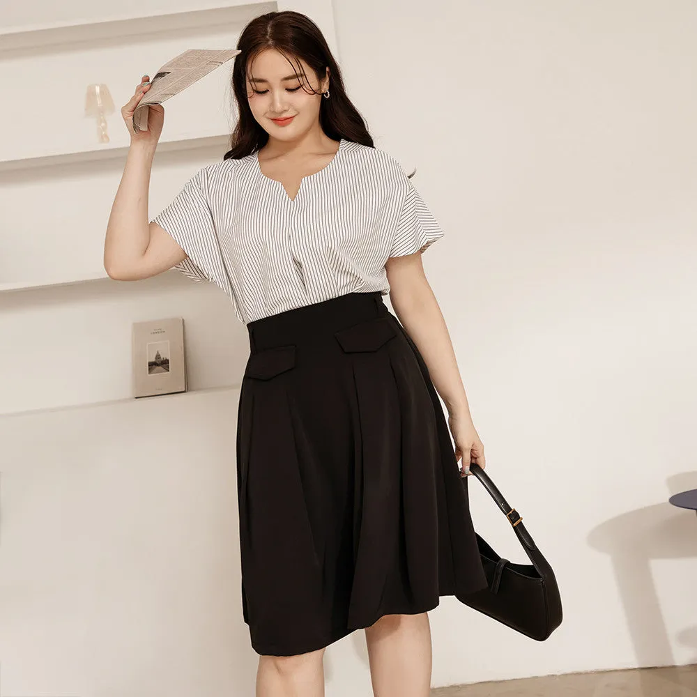 Work Pocket Elastic Waist A-Line Short Midi Skirt