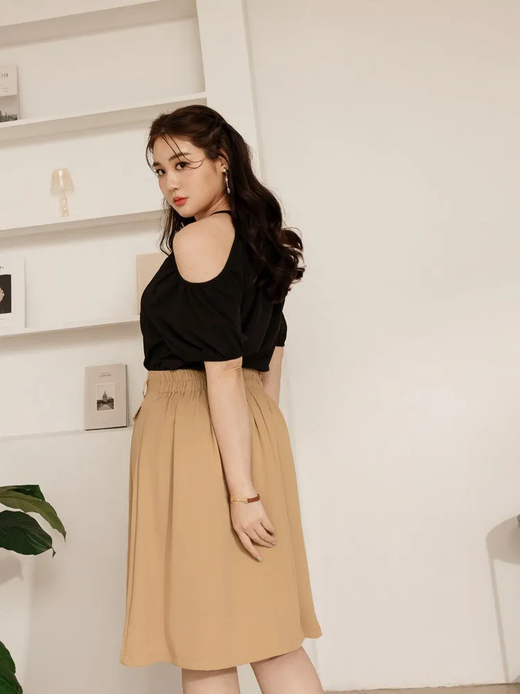 Work Pocket Elastic Waist A-Line Short Midi Skirt